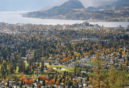 View of the horizon of Kelowna, British Columbia and surrounding mountains and waterfront